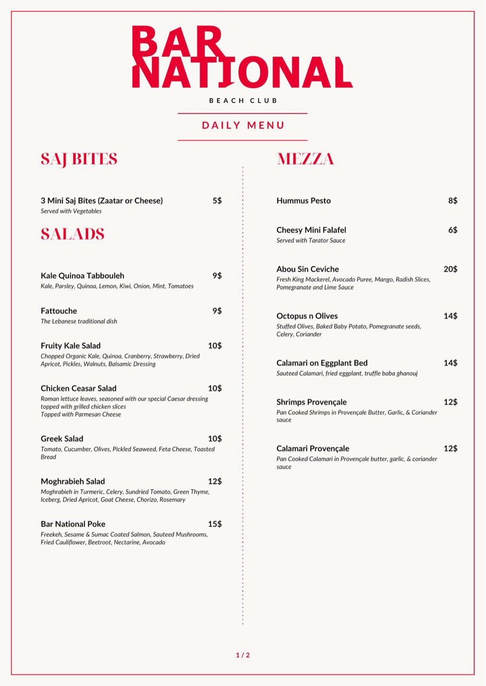 Bar National daily menu: saj bites, salads, mezza and seafood with prices